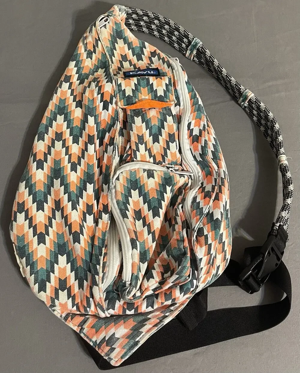 Kavu Rope Sling Bag Geometric Chevron Orange Teal Canvas Crossbody Great